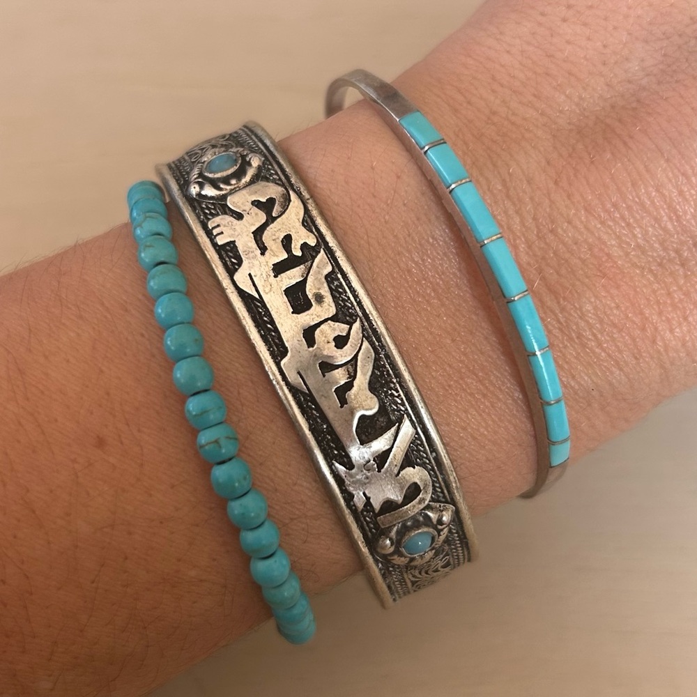 Sterling Silver Turquoise Bracelets Set of 3 Vintage Native American, Tibetan